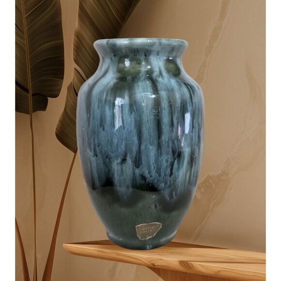 Vintage CamarkPotteryblue drip glaze vase ceramic6" blue greenMCM